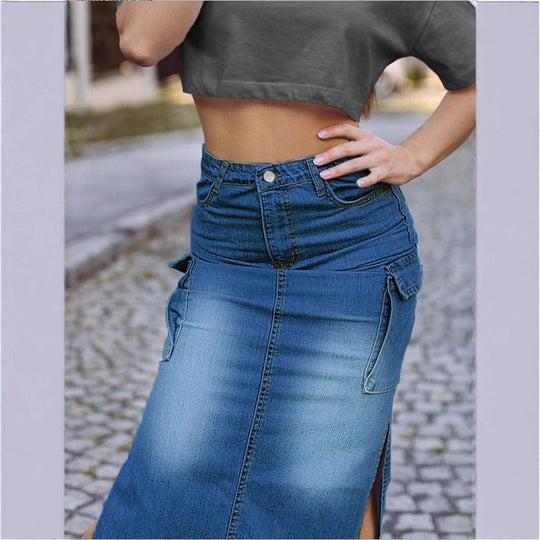 Damen Hochtaillierter Denim-Midirock mit Cargo‑Taschen, seitlichen Beinschlitzen und taillenbetonendem Schnitt Shop Nory