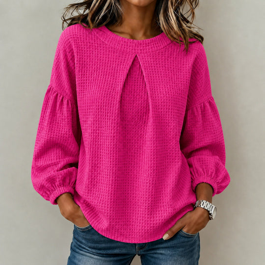 Damen Lockeres Waffelstrick-Sweatshirt mit Vorderfalte und Ballonärmeln Shop Nory
