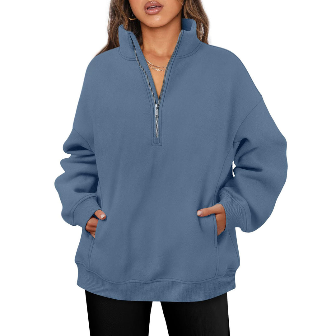 Damen nan oversized Halbzip-Pullover mit Stehkragen, Kängurutasche und Rippbündchen Shop Nory