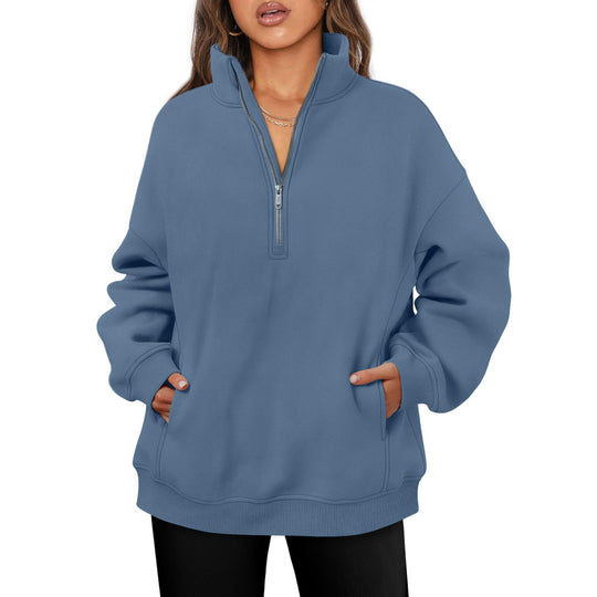 Damen nan oversized Halbzip-Pullover mit Stehkragen, Kängurutasche und Rippbündchen Shop Nory