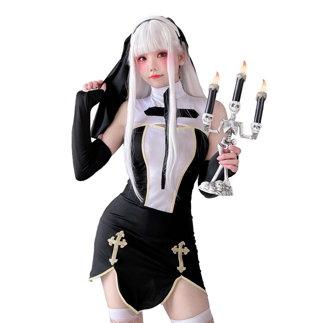 Damen Gothic Minikleid mit Spitzenärmeln und Kreuzdetails Shop Nory