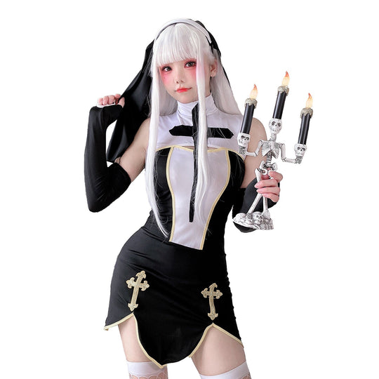 Damen Gothic Minikleid mit Spitzenärmeln und Kreuzdetails Shop Nory