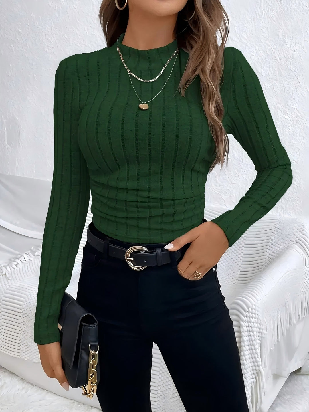 Damen Figurnahes geripptes Langarmshirt mit Stehkragen und Strukturstreifen Shop Nory