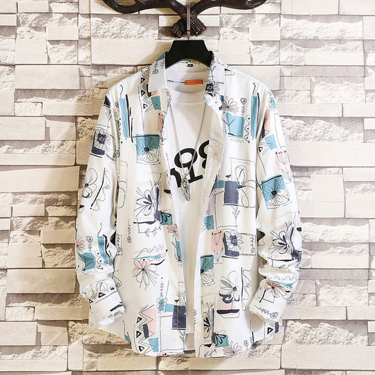 Herren langärmliges Hemd mit offenem Reverskragen, kontrastivem Blumenprint und lässiger Regular-Fit Silhouette Shop Nory