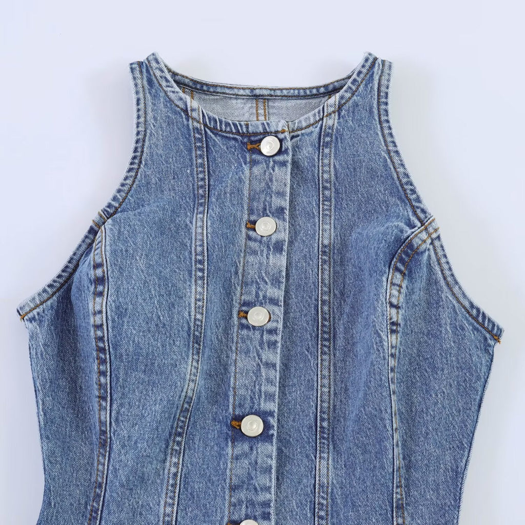 Damen Jeanskleid mit geflochtenem Knoten und durchgehender Knopfleiste