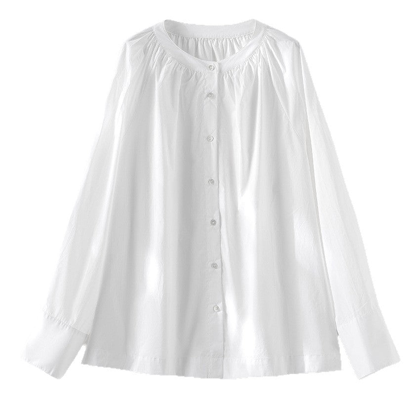 Damen Bluse mit gerafftem Rundhalsausschnitt und durchgehender Knopfleiste Shop Nory