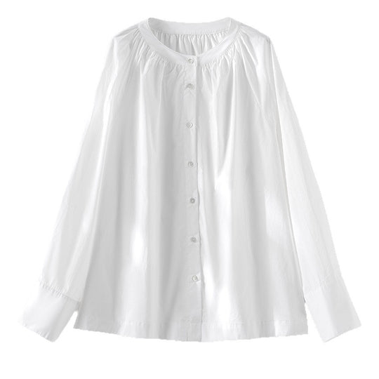 Damen Bluse mit gerafftem Rundhalsausschnitt und durchgehender Knopfleiste Shop Nory