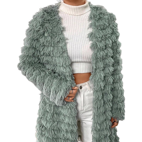 Damen Midilanger Plüschmantel mit Fransenstruktur und offener Silhouette Shop Nory