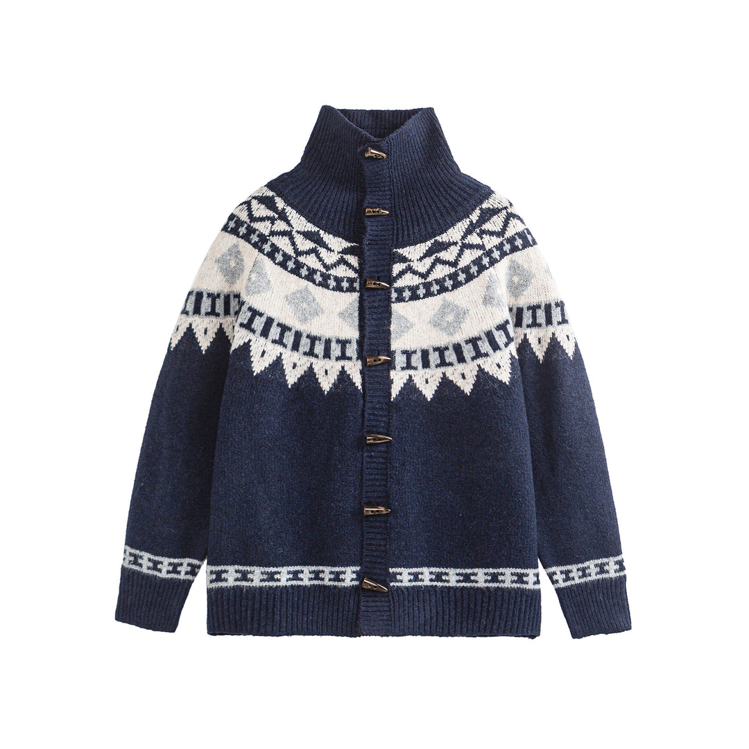 Damen Norwegermuster Strickcardigan mit hohem Stehkragen und Knebelverschlüssen Shop Nory