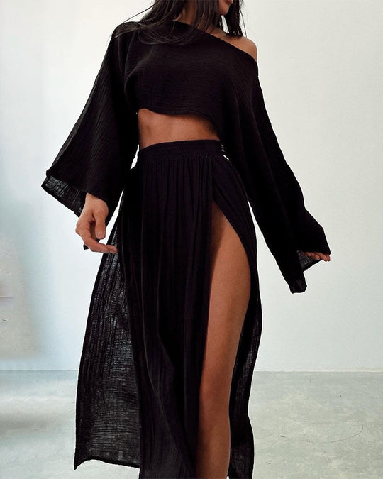 Damen luftiges Set aus cropped Oberteil und hoch geschnittenem Rock