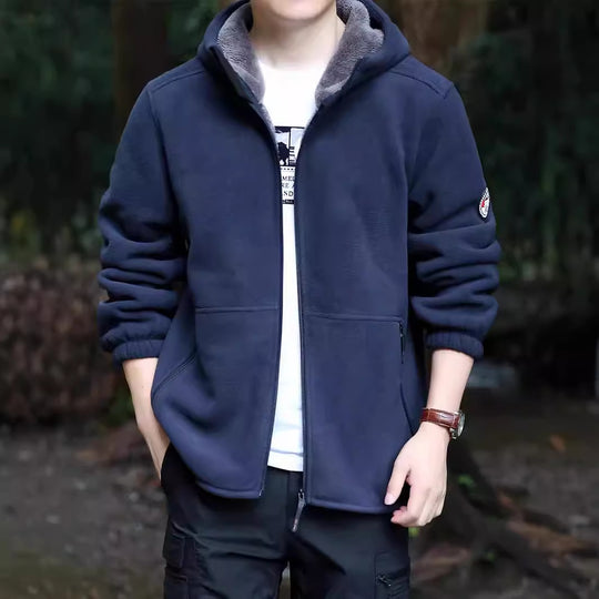 Herren Kapuzen-Fleecejacke mit Sherpa-Innenfutter, Zwei-Wege-Reißverschluss und windabweisender Front Shop Nory