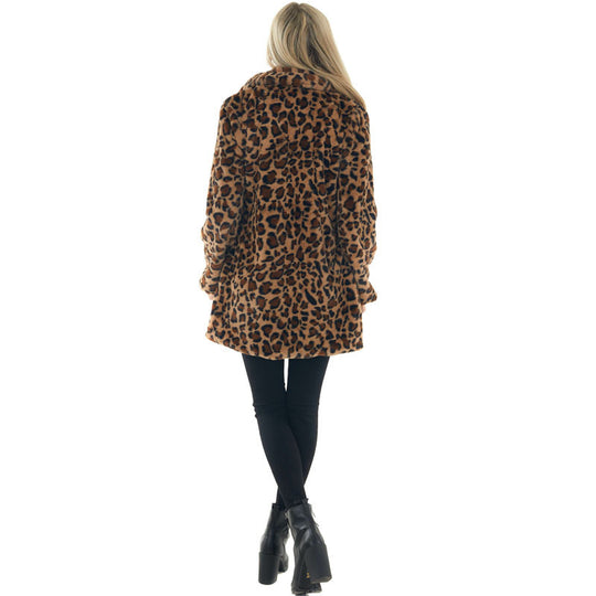 Damen Kunstfell Leopardenmuster Kapuzen Plüsch Mid-Length Mantel Shop Nory