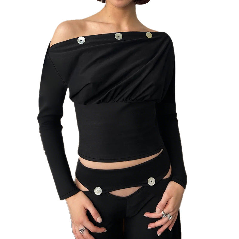 Damen One-Shoulder Langarm-Top mit taillierter Passform, elastischem Bund und Zierknöpfen Shop Nory
