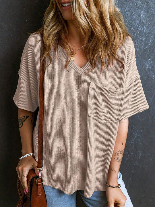 Damen Lässiges Rippstrick Oversize T-Shirt mit V-Ausschnitt und Brusttasche Shop Nory