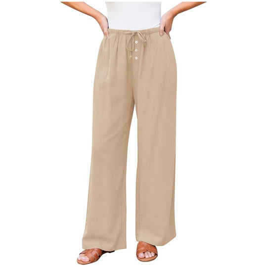 Damen Leinenoptik-Hose mit weitem Bein, Gummizug-Taille, Tunnelzug und Knopfdetail Shop Nory