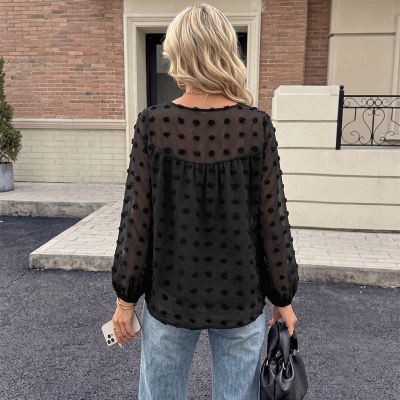 Damen Elegante Chiffonbluse mit 3D-Pompon-Applikation, V-Ausschnitt und elastischen Manschetten Shop Nory
