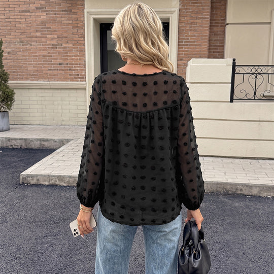Damen Elegante Chiffonbluse mit 3D-Pompon-Applikation, V-Ausschnitt und elastischen Manschetten Shop Nory