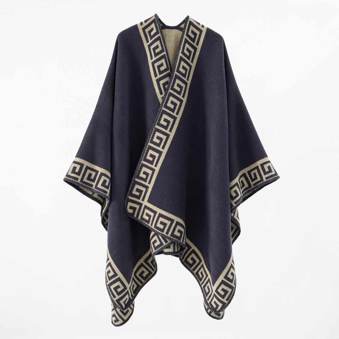 Damen Cape‑Poncho mit Mäander‑Bordüre und Wollmix‑Qualität Shop Nory
