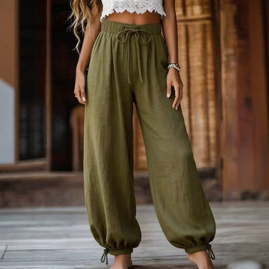 Damen Leichte Leinenhose mit weitem Bein und elastischem Bund Shop Nory