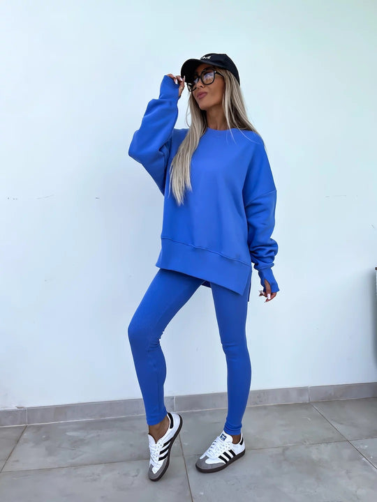 Damen komfortables Oversize-Lounge-Set mit langem Sweatshirt, gerippten High-Waist-Leggings und verlängerten Bündchen Shop Nory