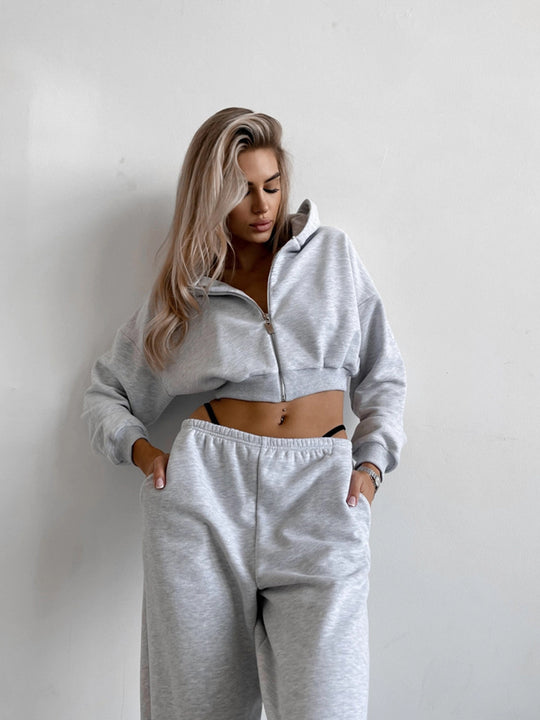 Damen Zweiteiliges Cropped-Zip-Hoodie Set mit taillenhoher Relax-Jogginghose und elastischem Bund Shop Nory