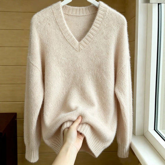 Damen Flauschiger Mohair-Mix Oversize-Pullover mit tiefem V-Kragen Shop Nory