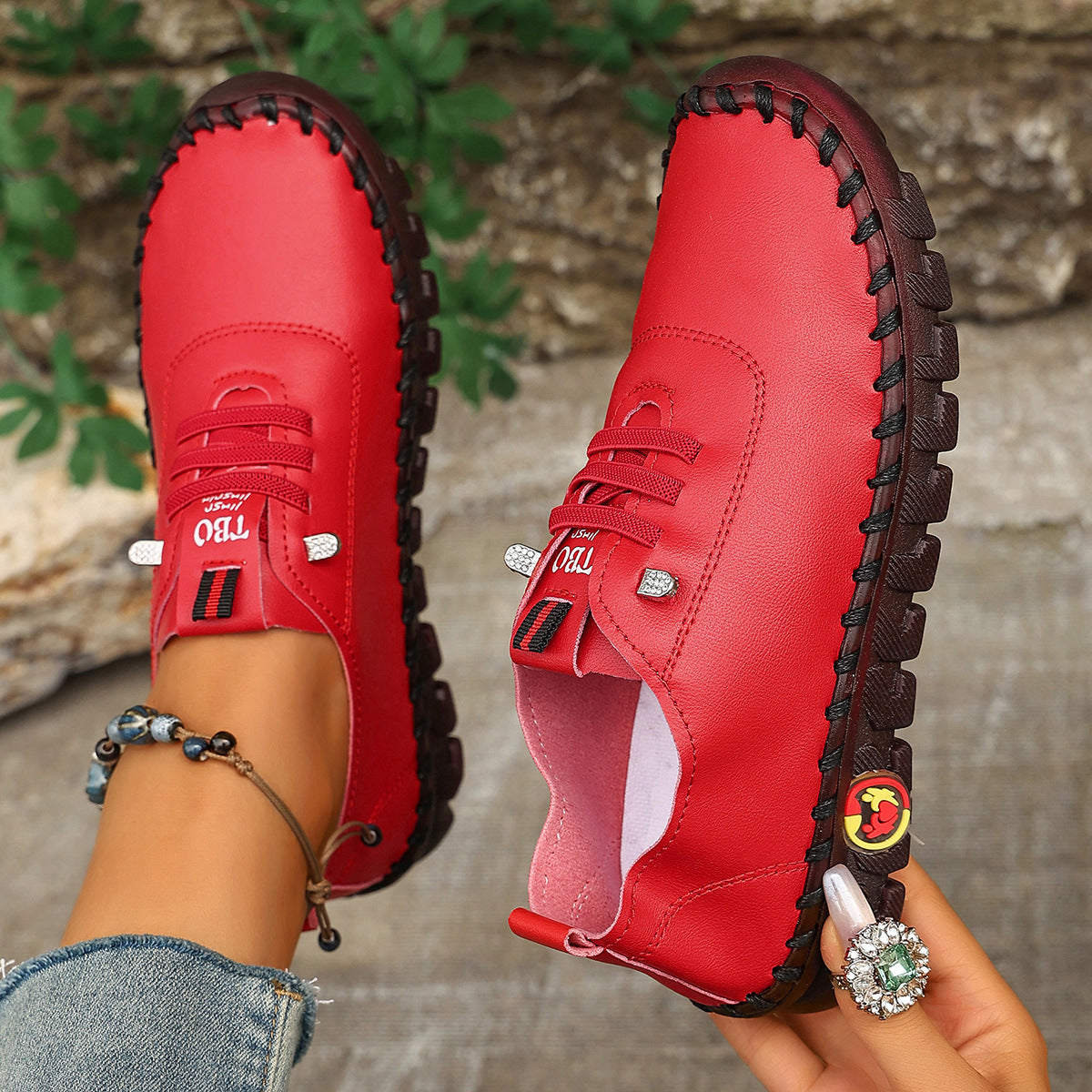 Damen Freizeit-Leder-Sneaker mit elastischen Schnürsenkeln und rutschfester Sohle