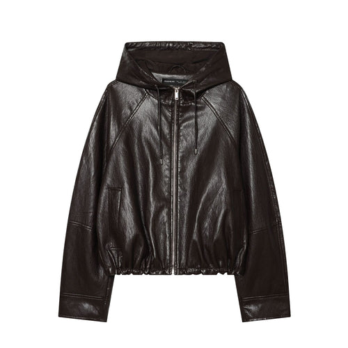 Damen Kurze Kapuzen-Lederoptik-Bomberjacke mit Tunnelzugsaum Shop Nory