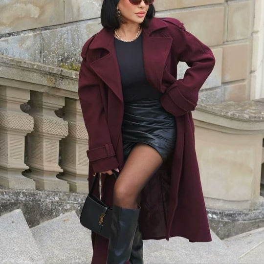 Damen Maxilanger Wollmix-Trenchcoat mit Schulterpasse, Bindegürtel und Krempelärmeln Shop Nory