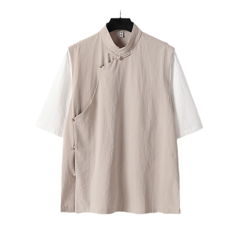 Herren Asymmetrische Leinenweste mit Stehkragen und seitlicher Knopfleiste Shop Nory