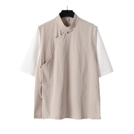 Herren Asymmetrische Leinenweste mit Stehkragen und seitlicher Knopfleiste Shop Nory