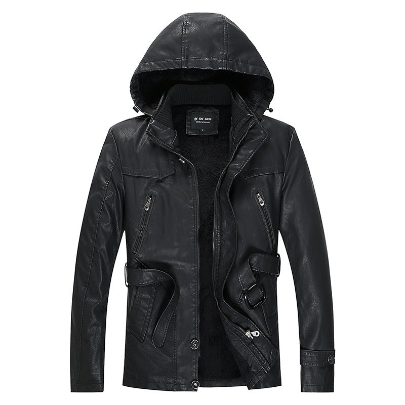 Herren gefütterte Kunstlederjacke mit Kapuze, warmem Teddyfutter und Gürteldetail Shop Nory