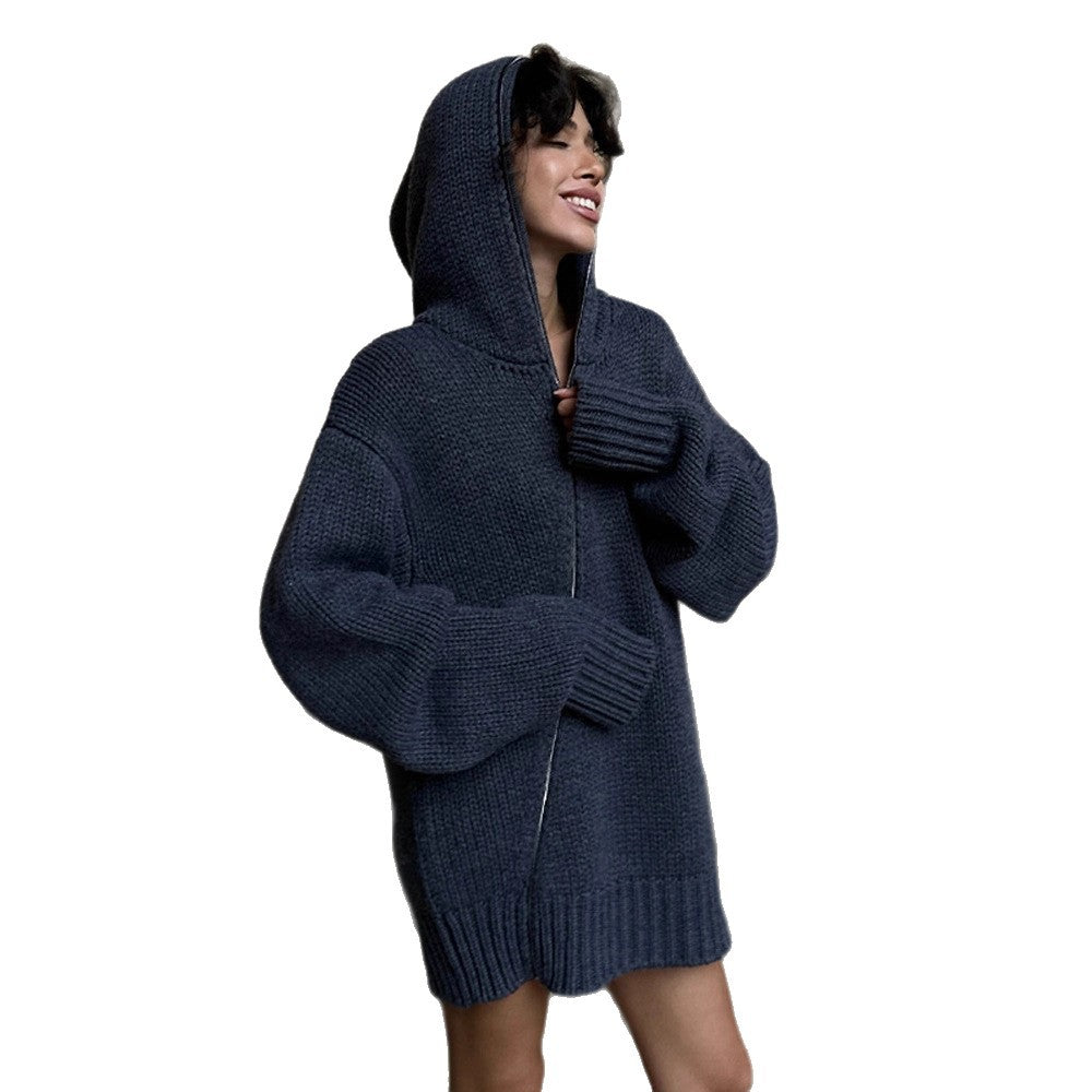 Damen Oversize Kapuzen-Strickcardigan mit Reißverschluss Shop Nory