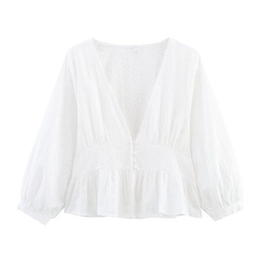 Damen Weiche Broderie-Anglaise-Bluse mit tiefem V‑Ausschnitt, Taillennaht und Volant Shop Nory