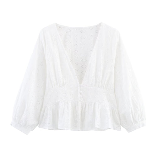 Damen Weiche Broderie-Anglaise-Bluse mit tiefem V‑Ausschnitt, Taillennaht und Volant Shop Nory