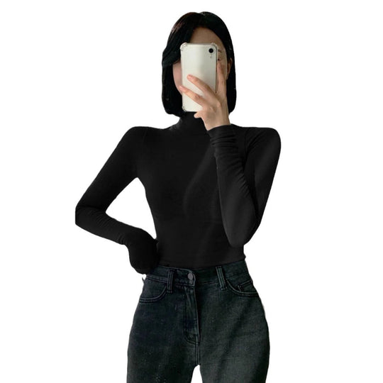 Damen Enganliegendes Rollkragen-Longsleeve aus Rippstrick mit Daumenloch Shop Nory