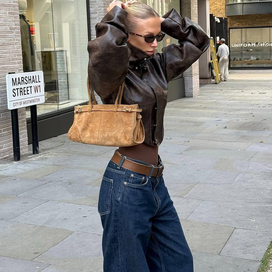 Damen Konturierte Kurzlederjacke mit hohem Stehkragen und Ballonärmeln Shop Nory
