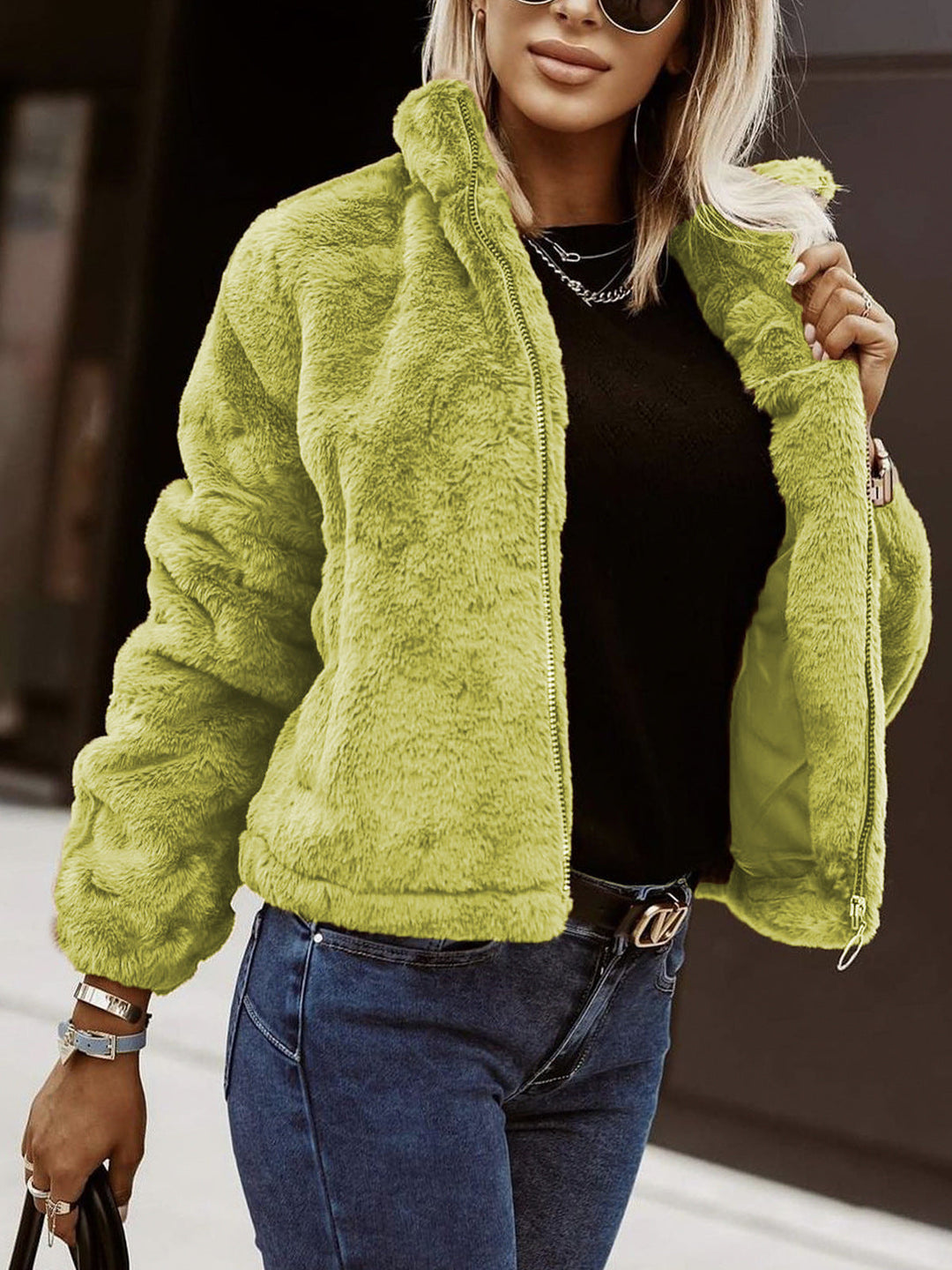 Weiche Damen Teddy Bomberjacke mit Reißverschluss