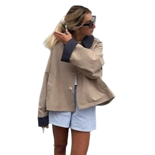 Damen Boxy-Übergangsjacke mit kontrastkragen, verdeckter Knopfleiste und verlängerten Ärmeln Shop Nory