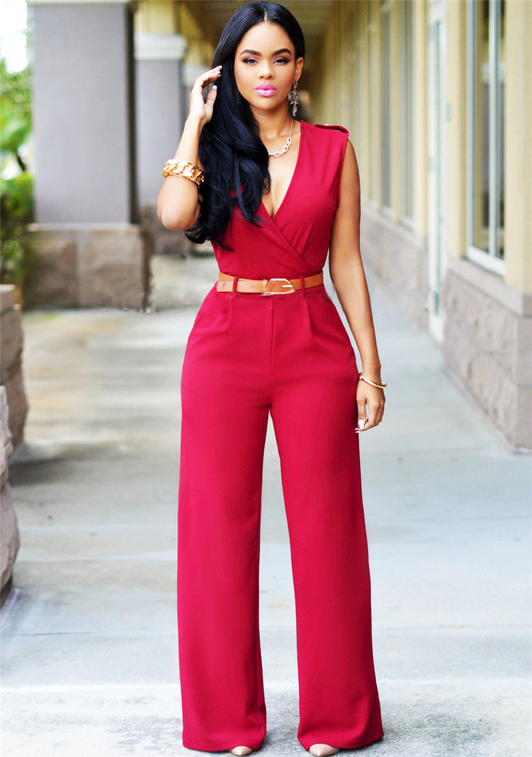 Damen Eleganter Wickel-Jumpsuit mit weitem Bein und Taillengürtel