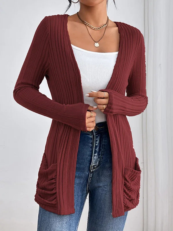 Damen Gerippter Langcardigan mit offener Front, Eingrifftaschen und legerer Passform Shop Nory