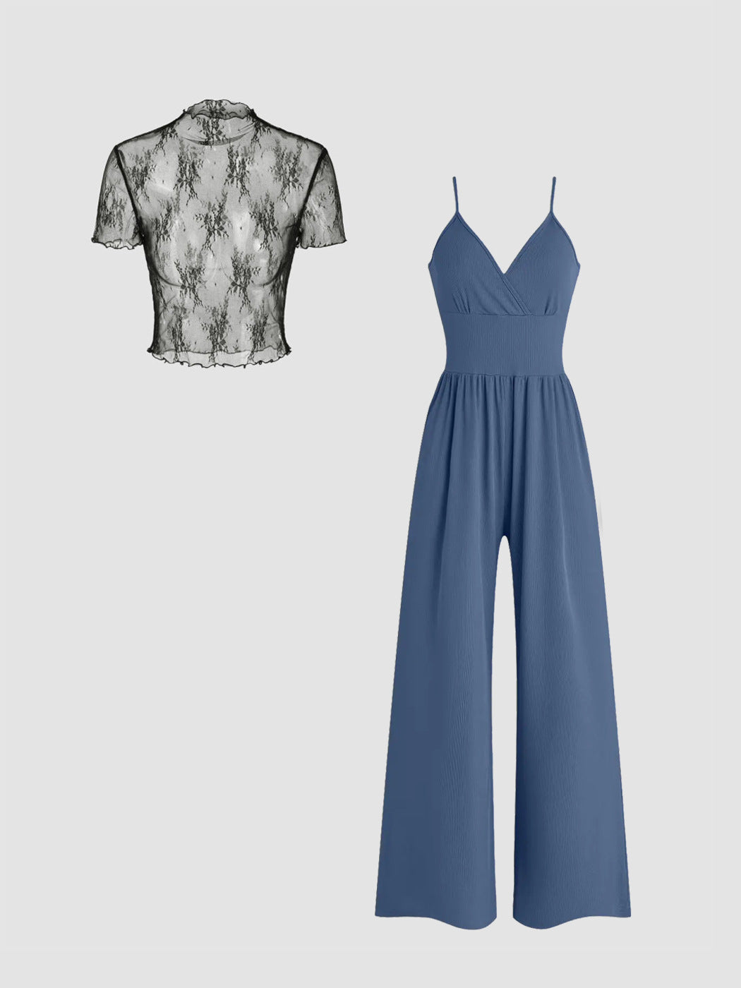 Damen elegantes V-Ausschnitt Jumpsuit mit transparenter Bluse