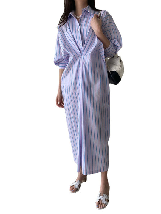 Damen Gestreiftes Hemdblusenkleid Maxi mit verdeckter Knopfleiste und Seitentaschen Shop Nory