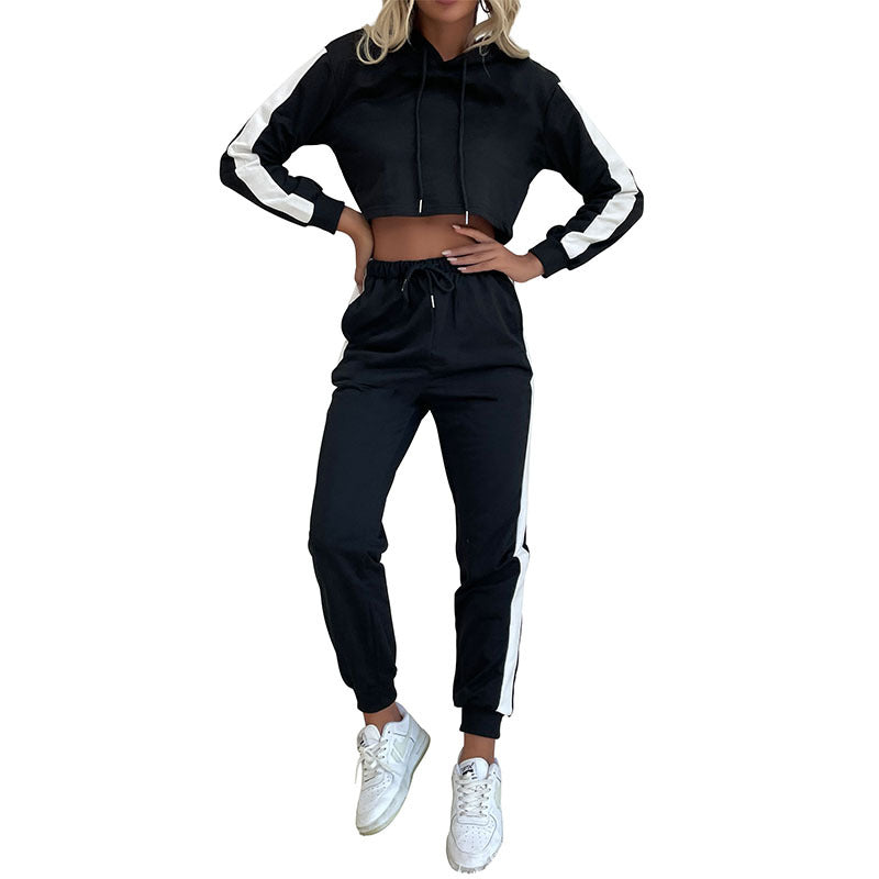 Damen Cropped-Kapuzenpullover und High-Waist-Jogginghose Set mit sportlichen Seitenstreifen Shop Nory