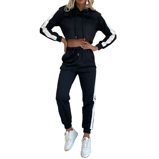 Damen Cropped-Kapuzenpullover und High-Waist-Jogginghose Set mit sportlichen Seitenstreifen Shop Nory