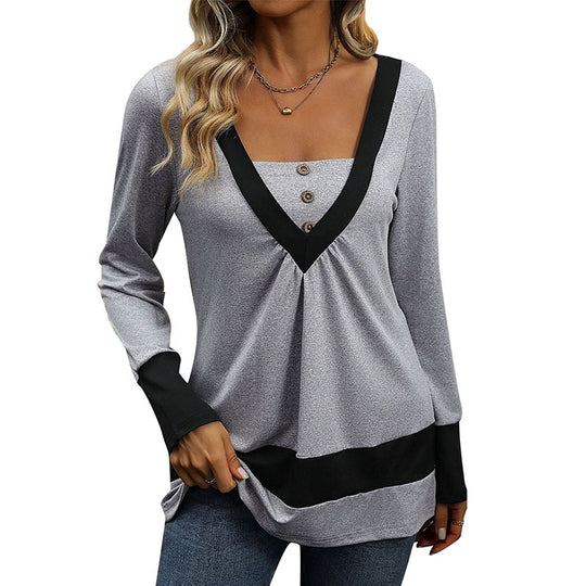 Damen Longsleeve mit tiefem V-Ausschnitt, Zierknopfleiste und Kontrastbordüren Shop Nory
