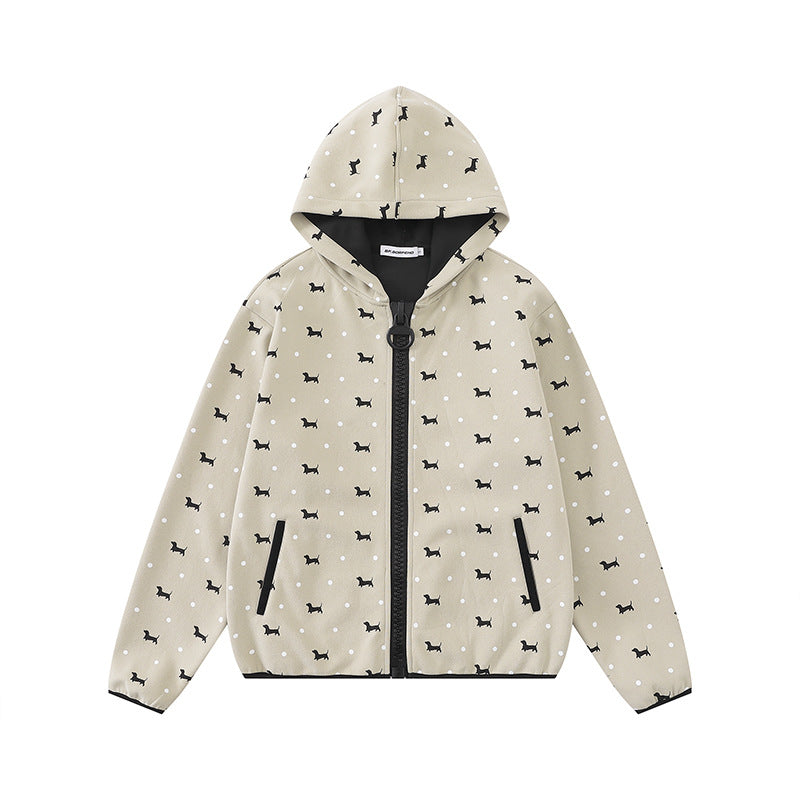 Damen Leichte Kapuzen-Zipjacke mit Hundesilhouette und Tupfen-Allover Shop Nory