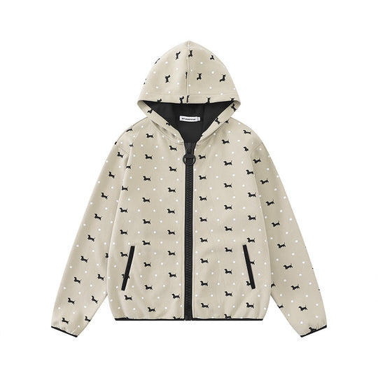 Damen Leichte Kapuzen-Zipjacke mit Hundesilhouette und Tupfen-Allover Shop Nory