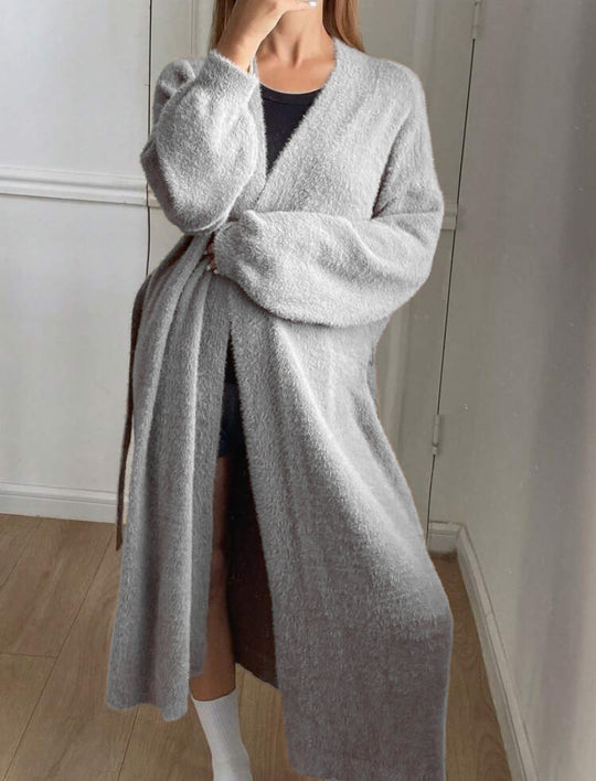 Damen Langer Wickel-Cardigan in Flausch-Optik mit Bindegürtel Shop Nory