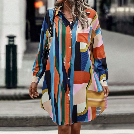 Damen Hemdblusenkleid mit grafischem Blockstreifen, tailliertem Gürtel & durchgehender Knopfleiste Shop Nory